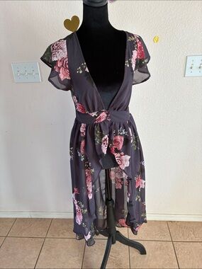Live 4 Truth Charcoal Floral High-Low V-Neck Dress with Pink Blooms